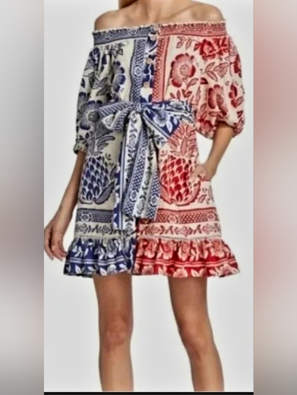 Farm Rio Mixed Pineapple Off-Shoulder Blue & Red Floral Print Belted Dress